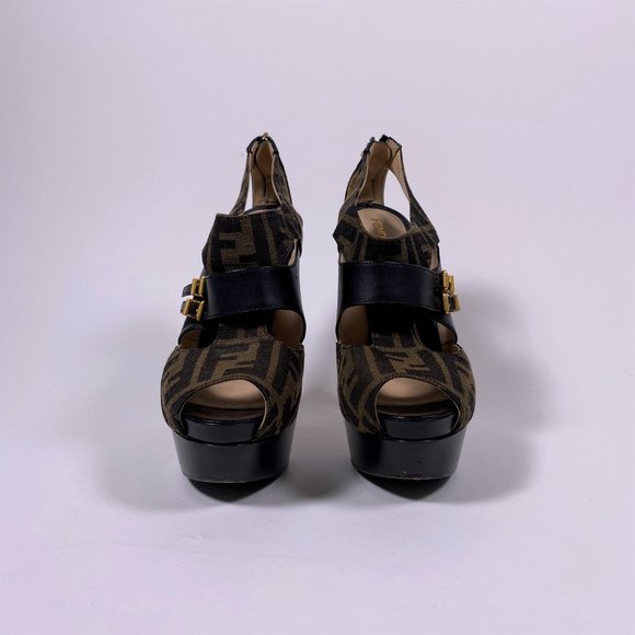 FENDI Brown Zucca Peep Toe Pumps - Picture 2 of 11